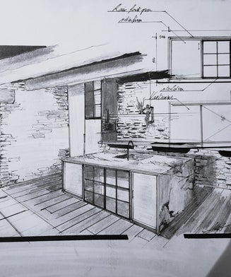 handschets van een keuken getekend door Guy De Busser interieurvormgever