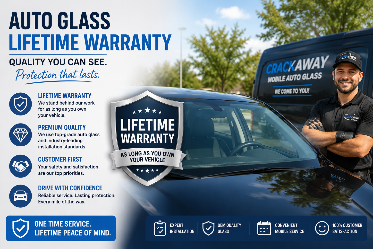 Lifetime warranty on windshield replacement and auto glass services from CrackAway Mobile Auto Glass. Expert installation, OEM-quality auto glass, mobile service convenience, and workmanship guaranteed for as long as the customer owns the vehicle.