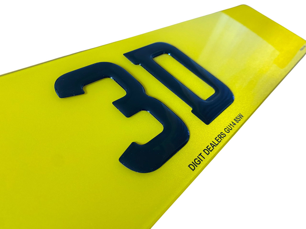 A yellow license plate with large, raised black characters reading "3D" and small text below them that says "DIGIT DEALERS GU14 8SW".
