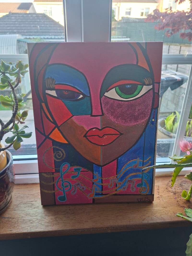 "Unbothered", acrylic, pink effects on canvas, 30x40cm, by Dominican artist Y.L.R., Leixlip Ireland