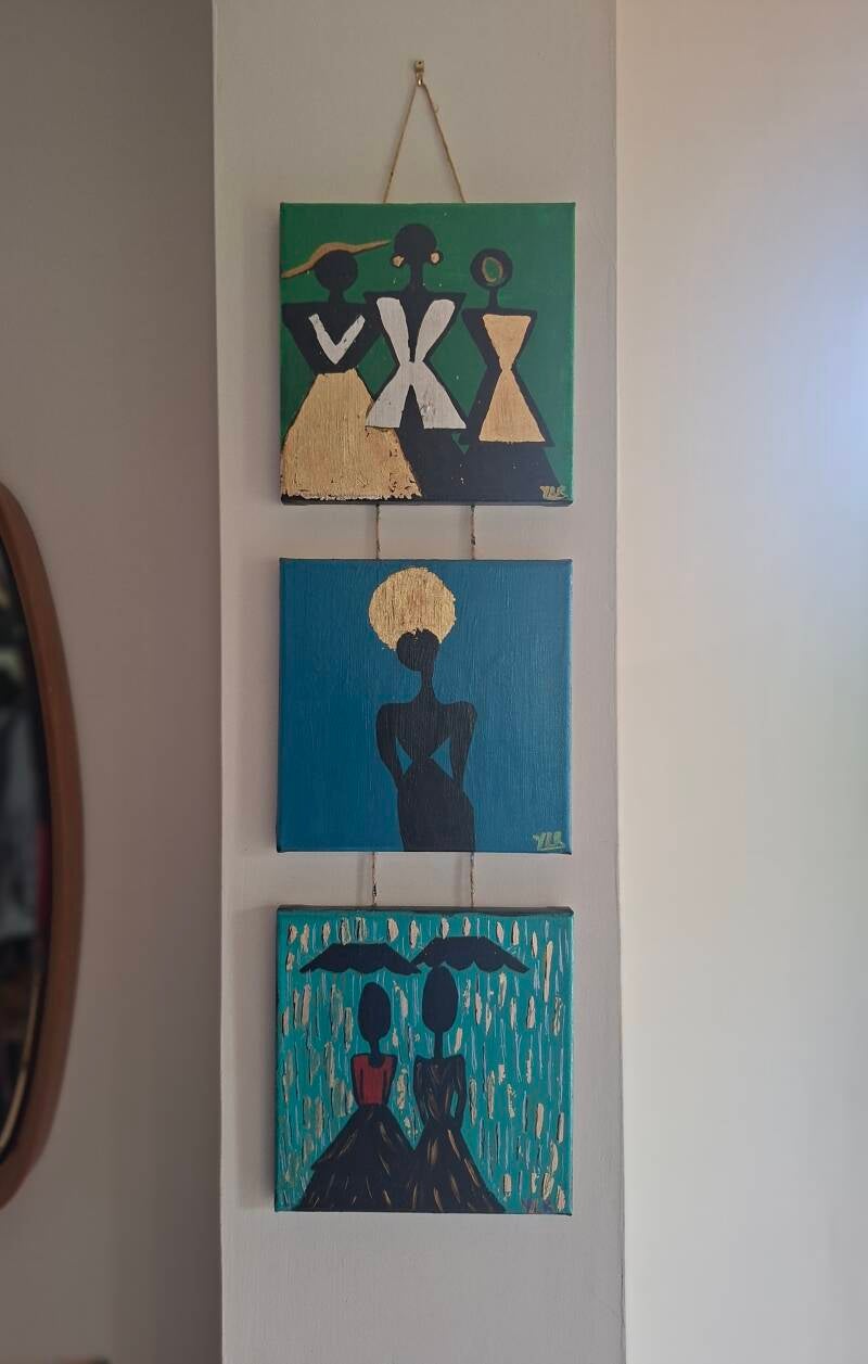 "Las Negras", acrylic and gold leaf on canvas, triptych, three panels 20x68x1Dcm, by Dominican artist Y.L.R., Leixlip Ireland