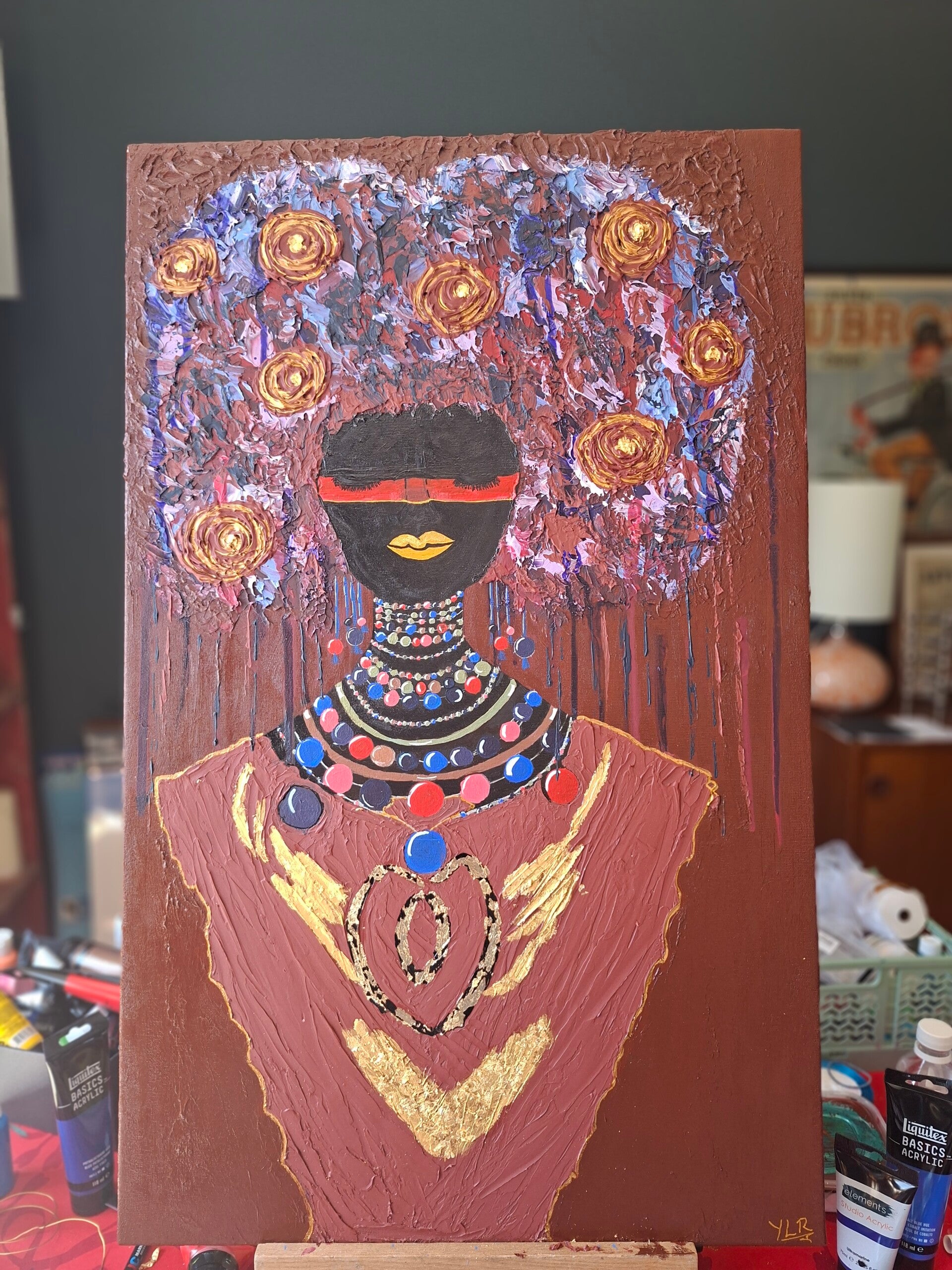 "Caribbean Queen", acrylic and gold leaf on canvas, 50x80cm, by Dominican artist Y.L.R., Leixlip Ireland