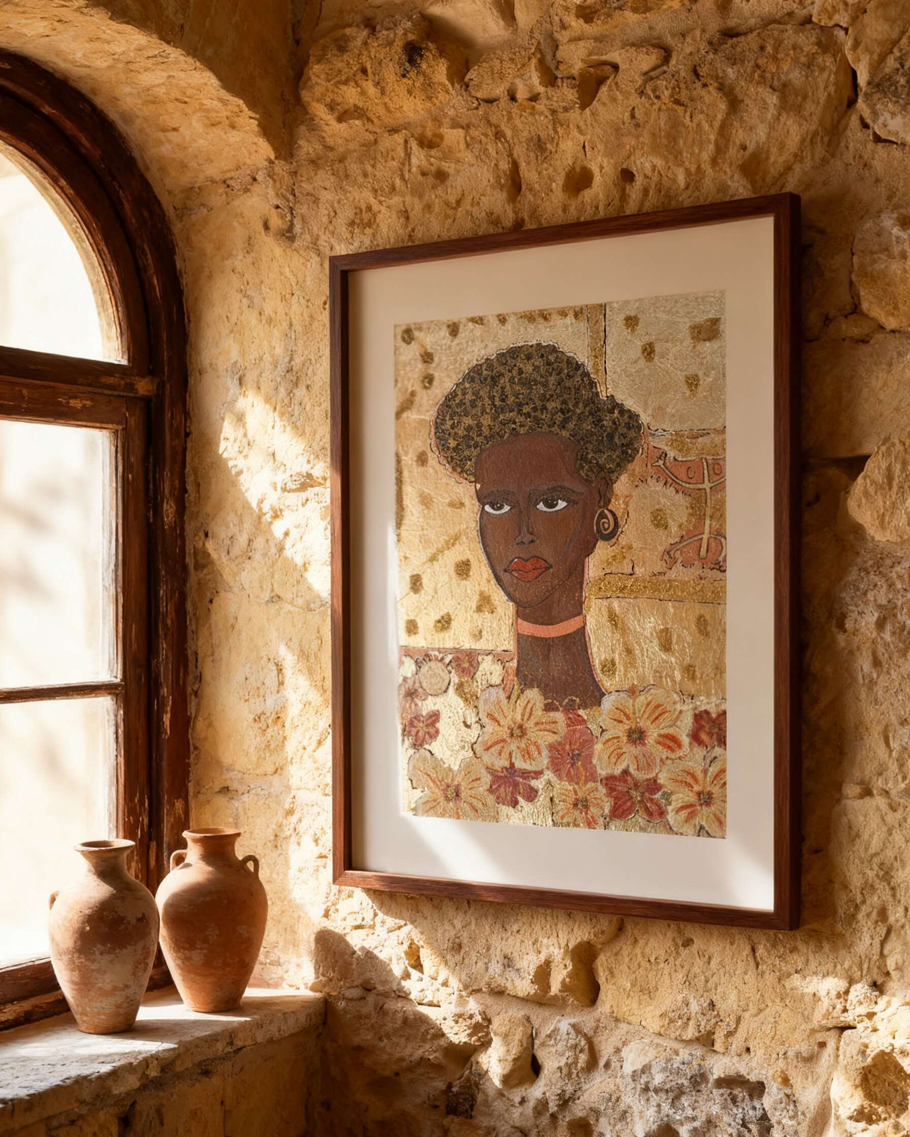 "Mujer de Oro", acrylic and gold leaf on canvas, 30x40cm, by Dominican artist Y.L.R., Leixlip Ireland