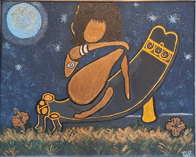 Afro Taina resting on Duho
