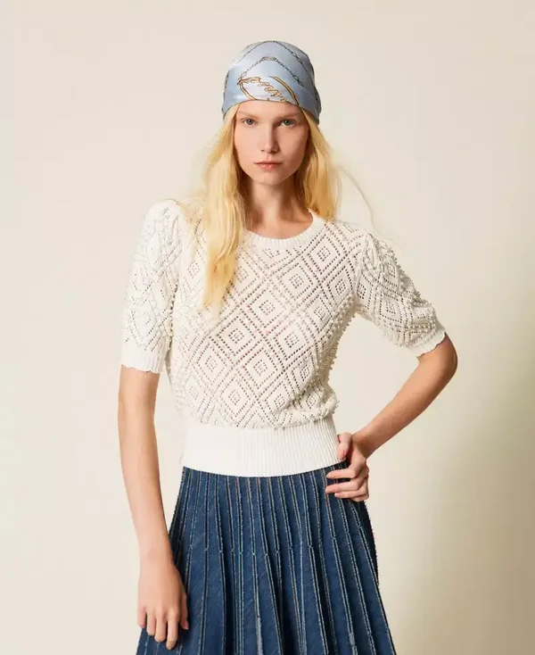 Jersey blanco de rombos con cuentas TwinSet Milano