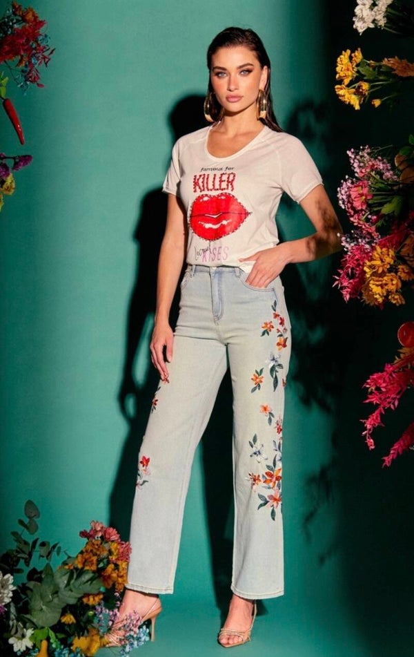 Jeans flores bordadas LeCruel