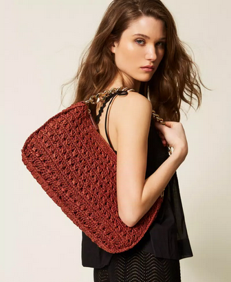 Bolso Liliane grande de rafia de ganchillo granate TwinSet