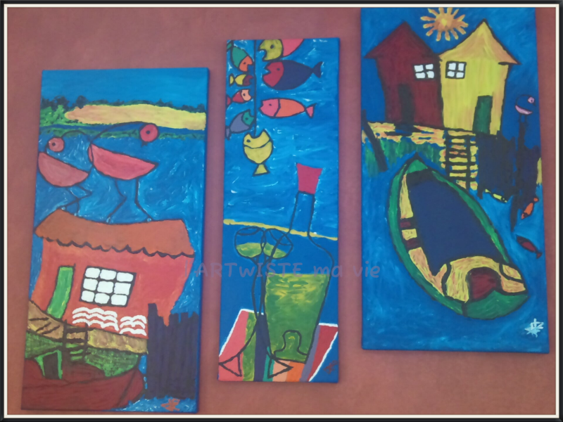 Triptyque représentant une pinasse, des cabanes de pêcheurs, et une bouteille de vin blancs et des poisson, tout en naïvevté