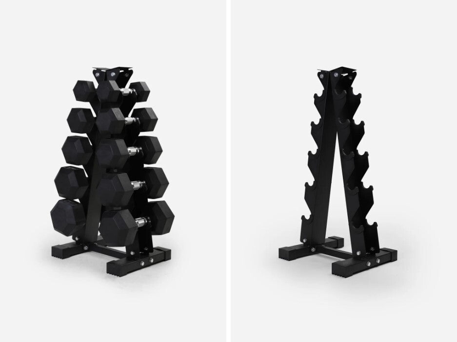 Northern 2.5/ 5/ 7.5/ 10/ 12.5kg Hex Dumbbell Set + 5 Tier A-Frame Storage Holder Rack
