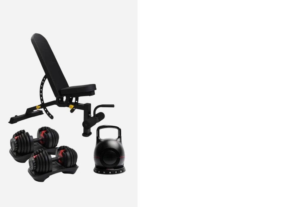 Adjustable Dumbbell 24kg Pair, Adjustable Kettlebell 20kg & Adjustable Bench Package