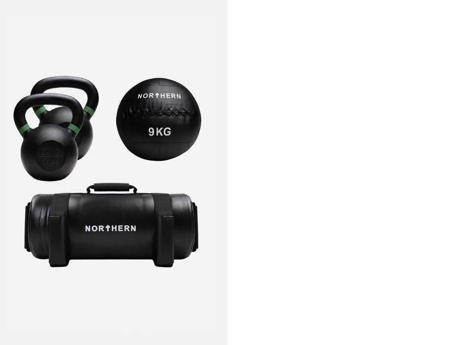 Hybrid Training Package - 2x 24kg Cast Iron Kettlebells, 9kg Wall Ball & 20kg Powerbag
