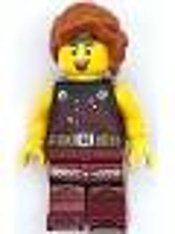 Lego Minifigur  Viking Blacksmith - Female, Dark Red Overalls and Legs with Trim, Dark Orange Hair