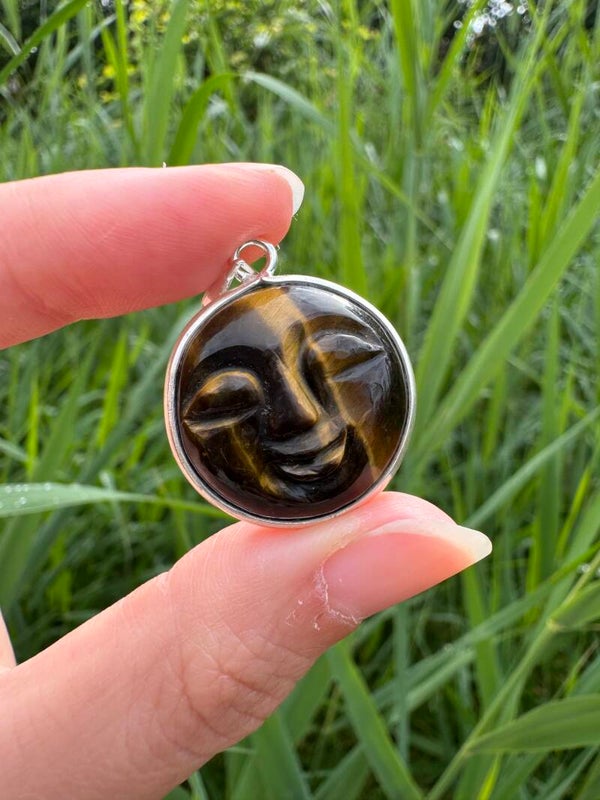 Tigers Eye Moon Face Necklace | 925 Sterling Silver