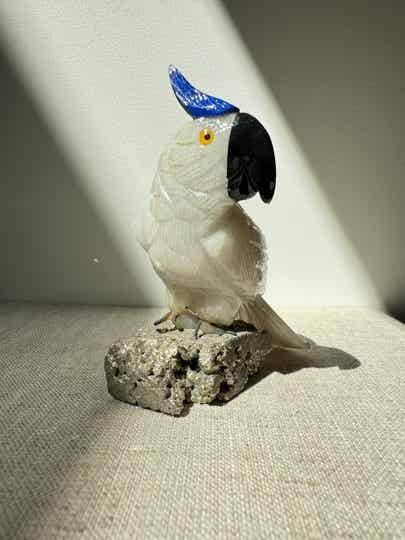Peruvian White Quartz Carving with Pyrite | Parrot