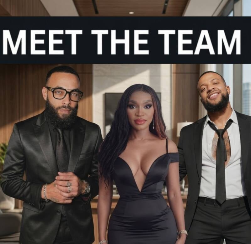 Website owners meet the team photo. Two black men on either side of a black woman with all of them wearing black suits. The aesthetic is very business but high fashion.