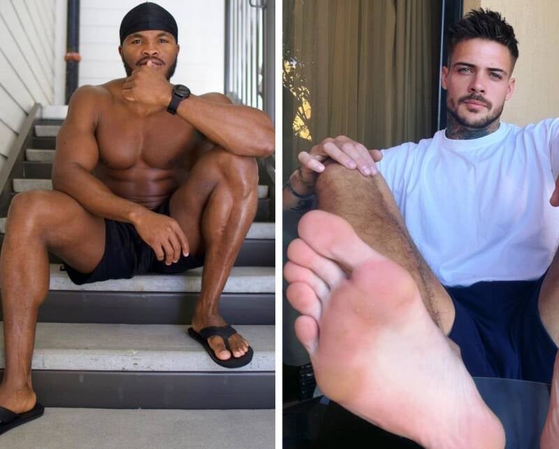 Split image of two muscular men showcasing their feet. Left: shirtless Black man in black durag and flip-flops sitting on outdoor stairs. Right: Latin man with neck tattoos holding his bare foot close to the camera, sole and toes in sharp detail.