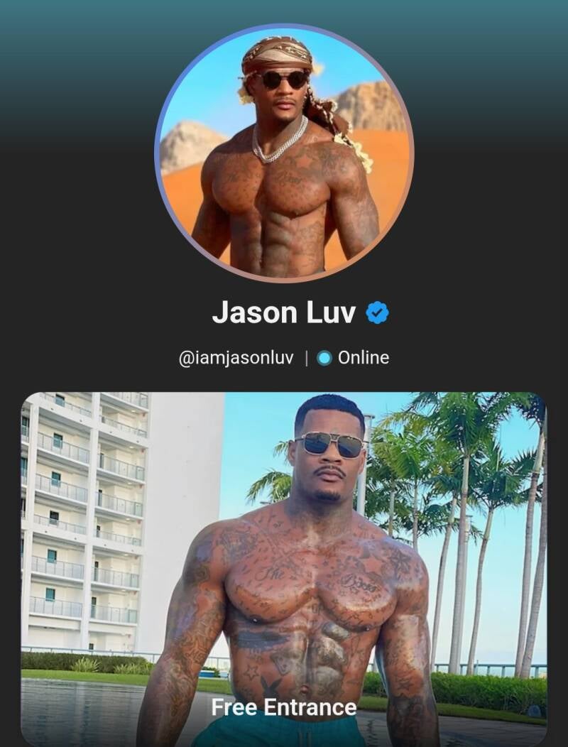 Shirtless Jason Luv blue check mark image of his official site with all his social media links.