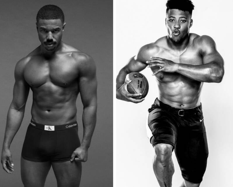 Michael B. Jordan and Saquan Barkley in dramatic collage black and white fitness pic showing off muscular body.