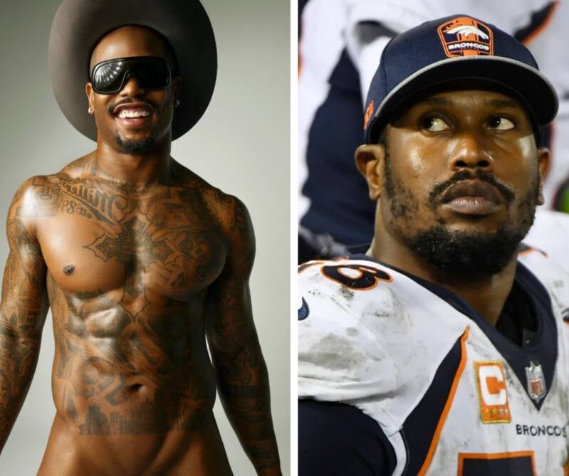 Von Miller before and after collage of his fit body and handsome face off field vs how rugged he looks on field playing football 
