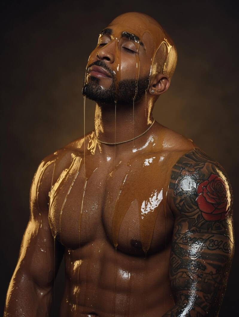 Close-up photo of a muscular Black man with a beard and shoulder tattoos, tilting his head back with his eyes closed as a golden, honey-like liquid drips down his bald head, face, and chest in a warm-toned studio setting.