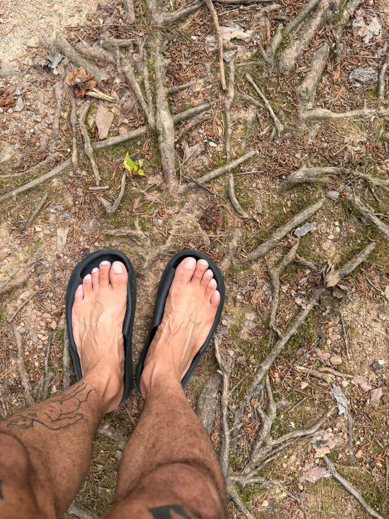 High-angle view of a man's bare, vascular feet wearing black open-toe slide sandals, standing on a dirt forest path covered in thick tree roots. Part of his tattooed calves are visible.