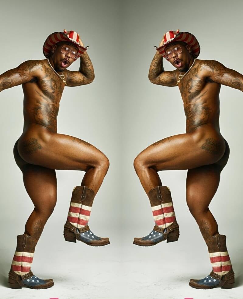 Football player Von Miller nude tatted fit body posing for ESPN Body magazine.