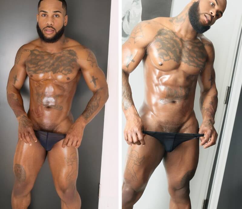 Collage of attractive oiled body of black fitness model showing off buff chiseled body in sexy underwear.