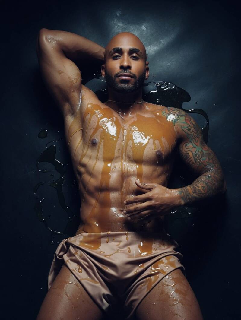 Overhead view of a muscular Black man with tattoos lying down against a dark backdrop. His right arm is raised behind his head, and a glossy, honey-like fluid is poured across his chest and torso.