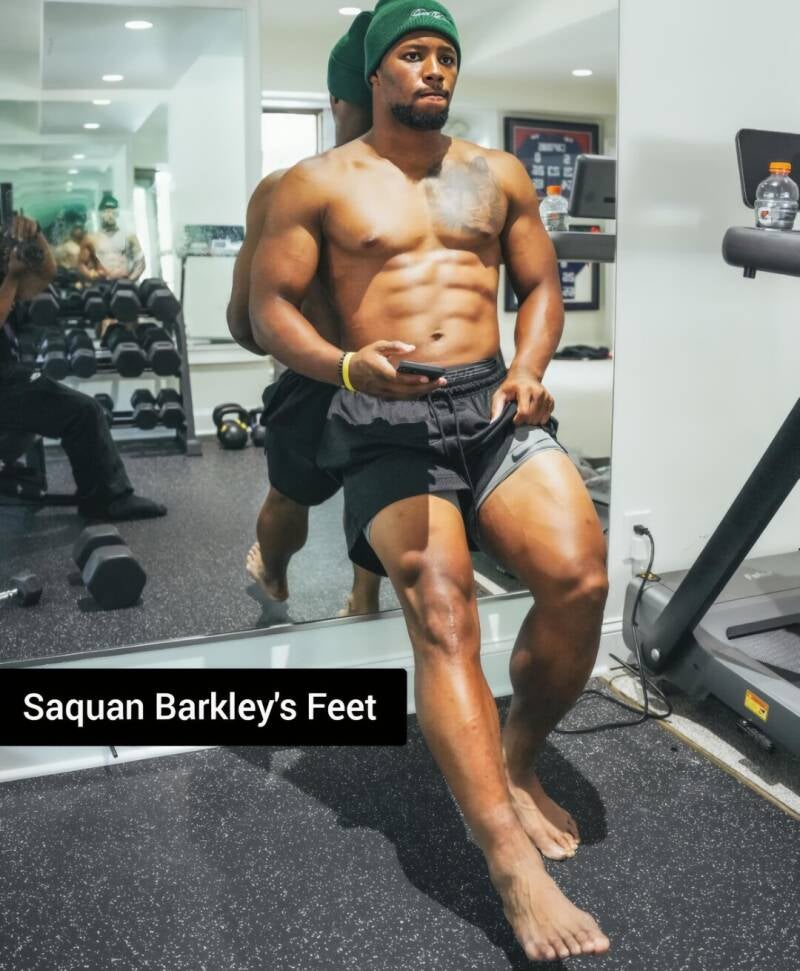 Saquon Barkley working out barefoot.