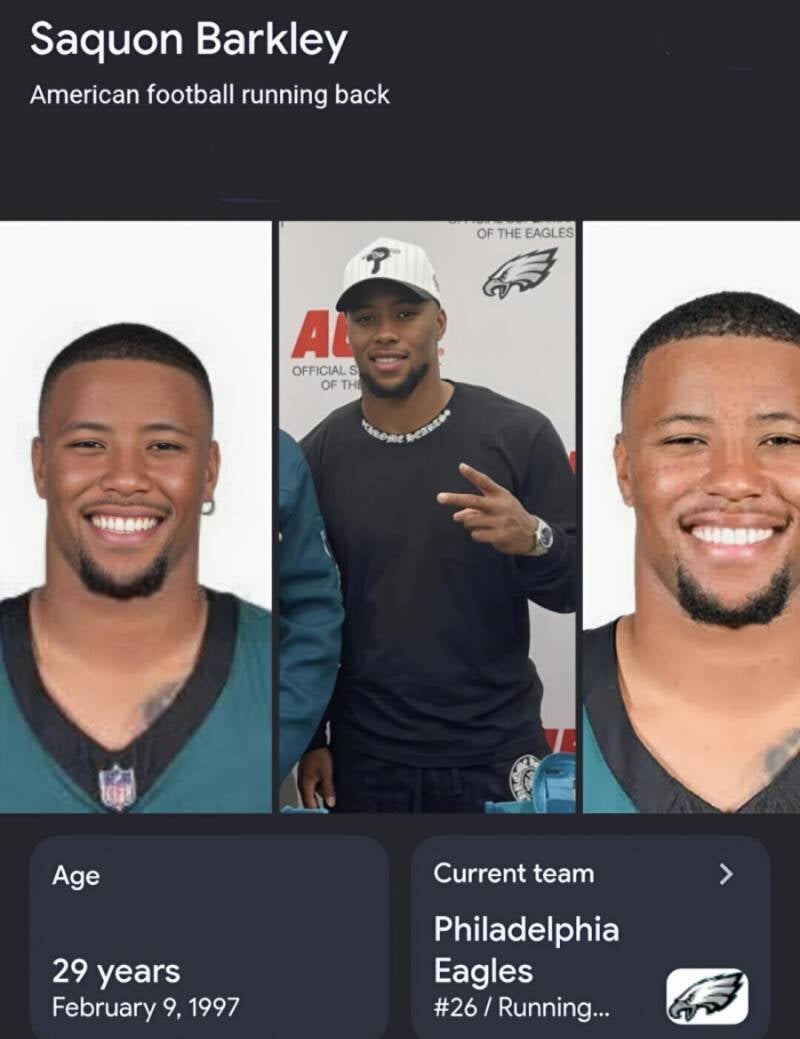 Collage of three photos of football player Saquon Barkley smiling and posing, paired with an informational card detailing his age and team.