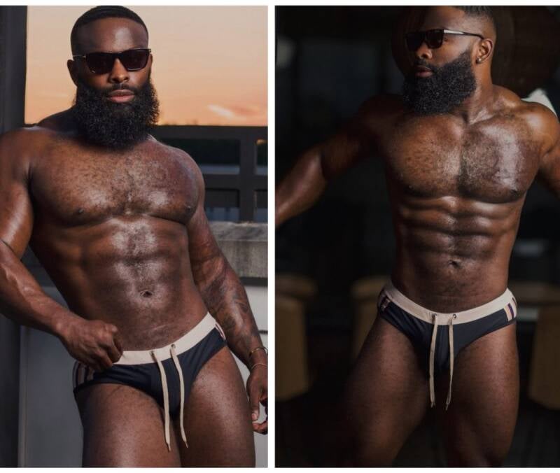 Collage of a sexy, tall, dark skinned Muscular man looking seductive and mysterious in black shades.