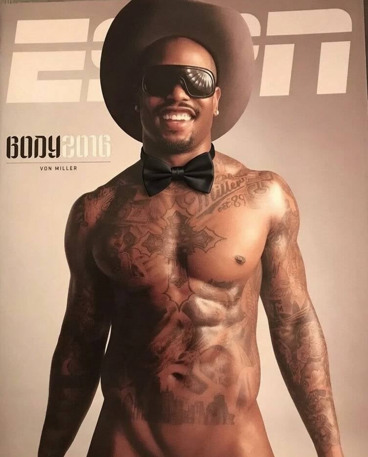 Von Miller sculptured physique, tatted body, beautiful smile.