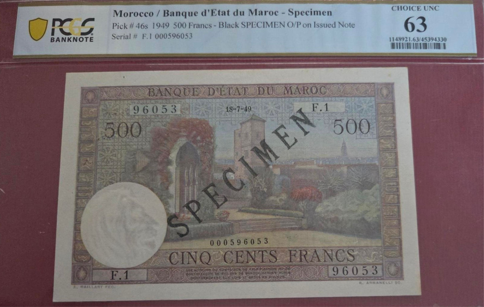 500 francs banque d'état Maroc 18-7-49 specimen