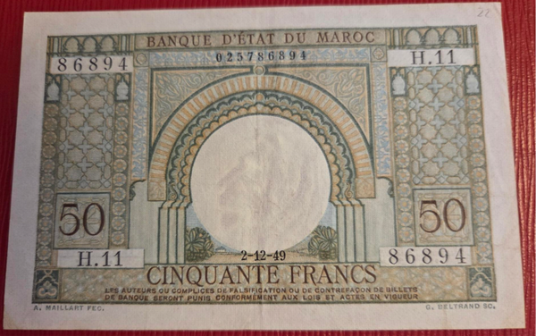 50 francs banque d'état Maroc 2-12-49