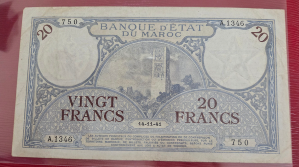 20 francs banque d'état du Maroc 14-11-41