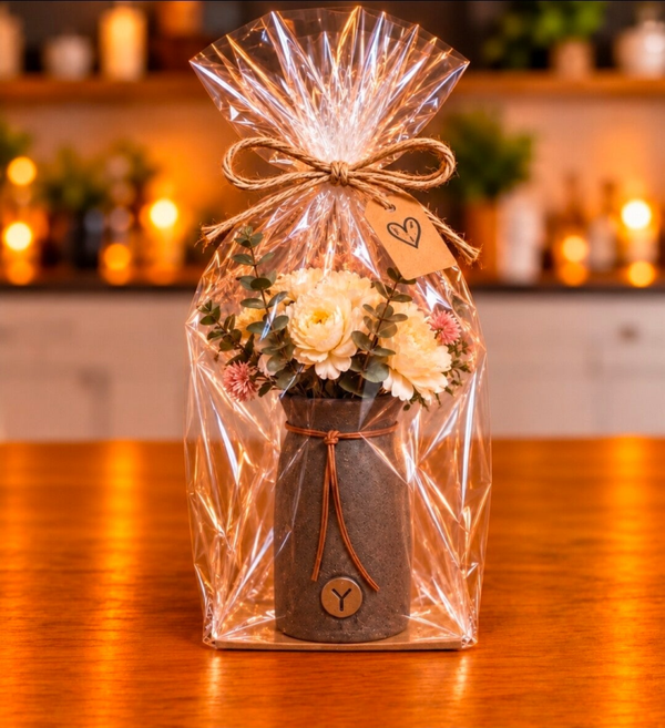 Cadeau set vaasje bruin met kunst boeketje