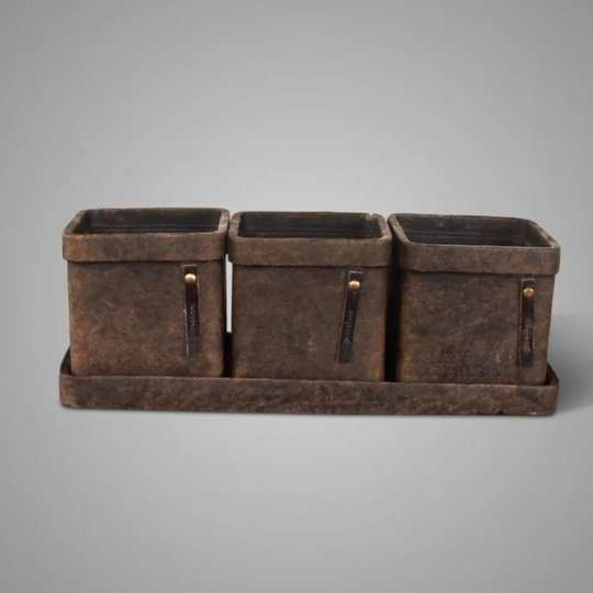 Set of 3 Planters On Plate Majestic Brown