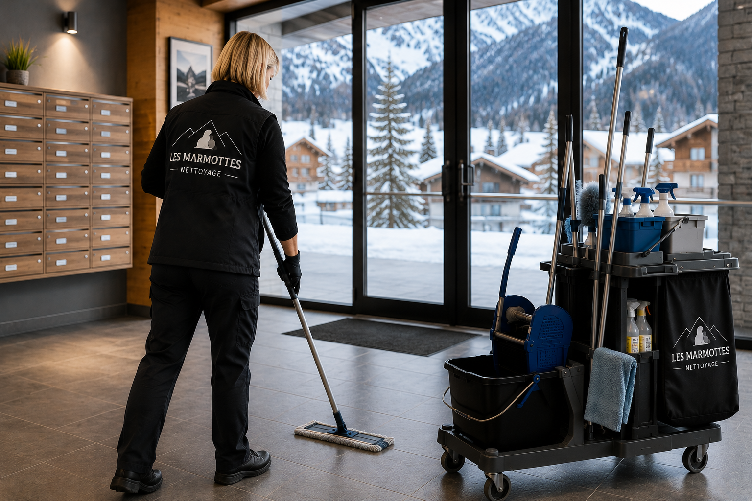 Agent Les Marmottes Nettoyage assurant l'entretien d'une copropriété à Auron.