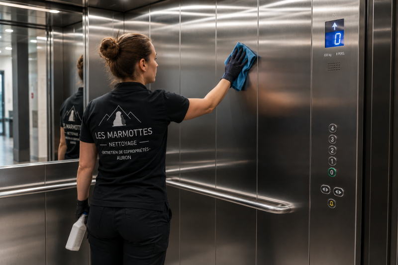 Nettoyage des parois inox de l'ascenseur