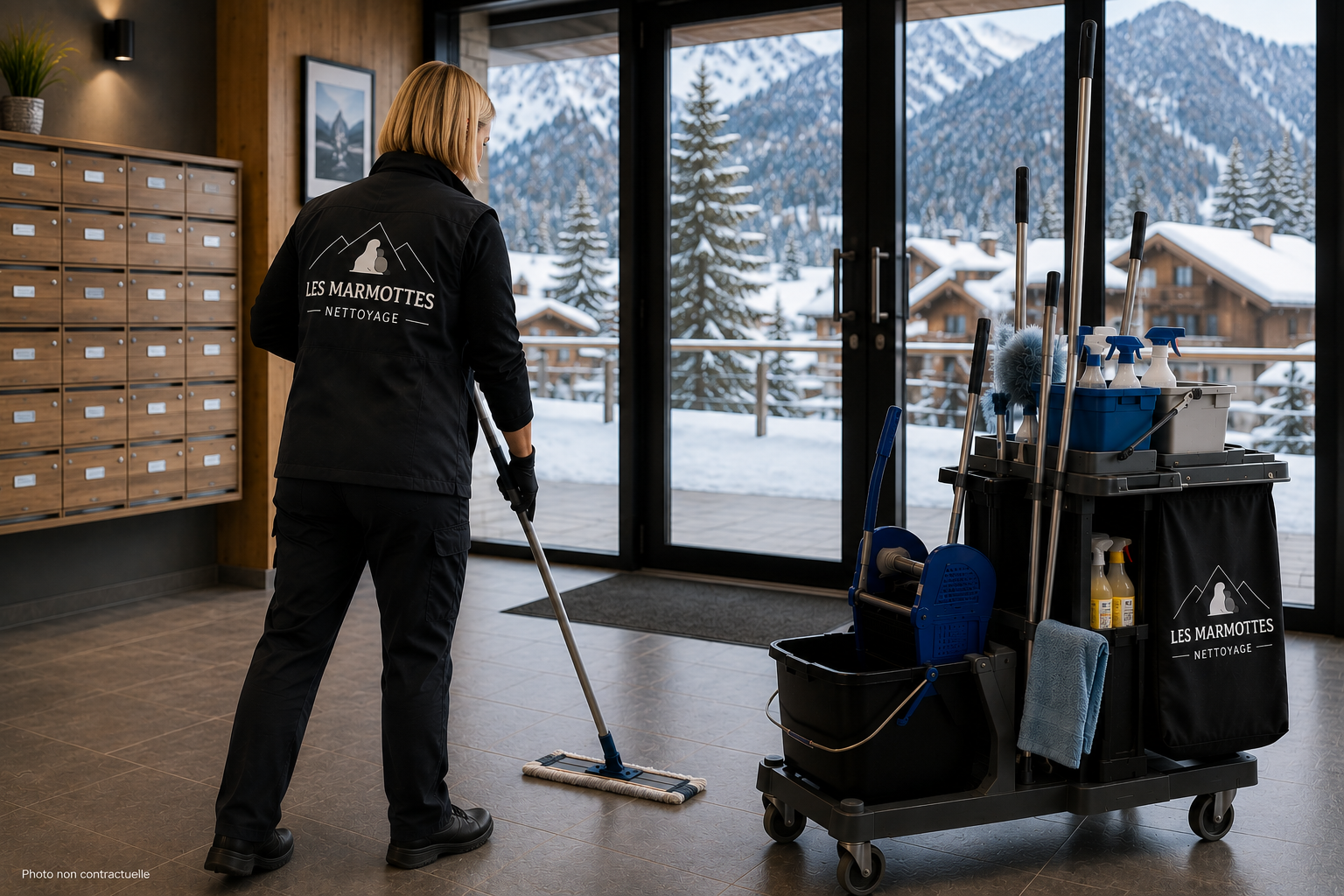 Agent Les Marmottes Nettoyage assurant l'entretien des parties communes d'une résidence à Auron.
