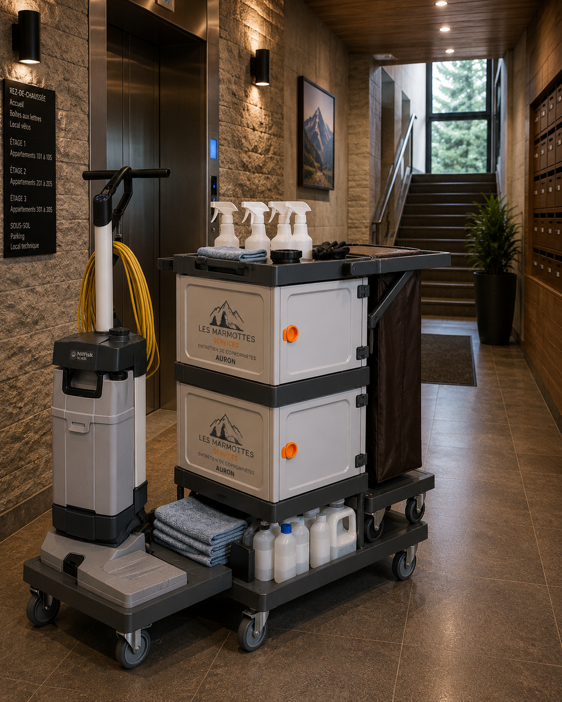 Chariot de ménage professionnel Les Marmottes Nettoyage utilisé pour l'entretien des copropriétés à Auron.