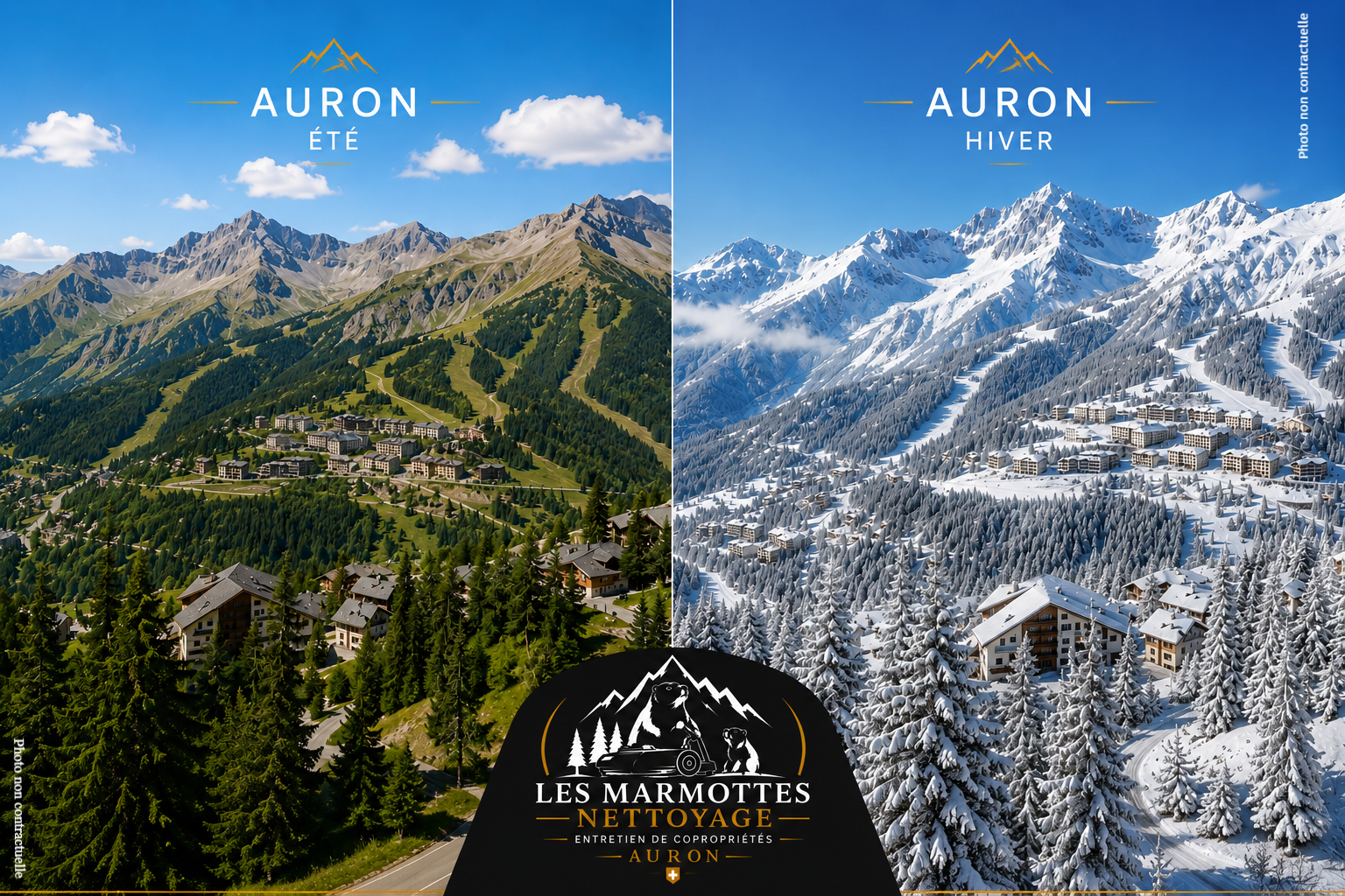 Station d'Auron en été et en hiver dans les Alpes-Maritimes, résidence de montagne entretenue par Les Marmottes Nettoyage.