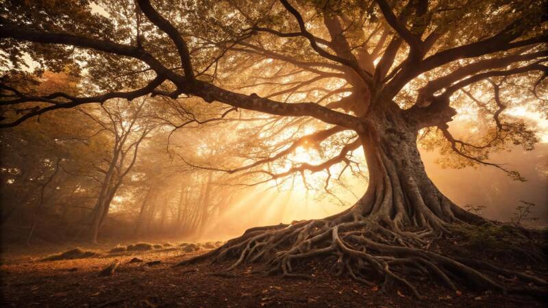 Árbol genealógico con raíces profundas representando patrones generacionales y herencia emocional familiar