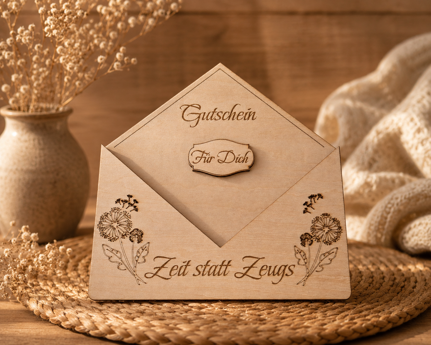Holz Gutschein Umschlag – „Zeit statt Zeugs“