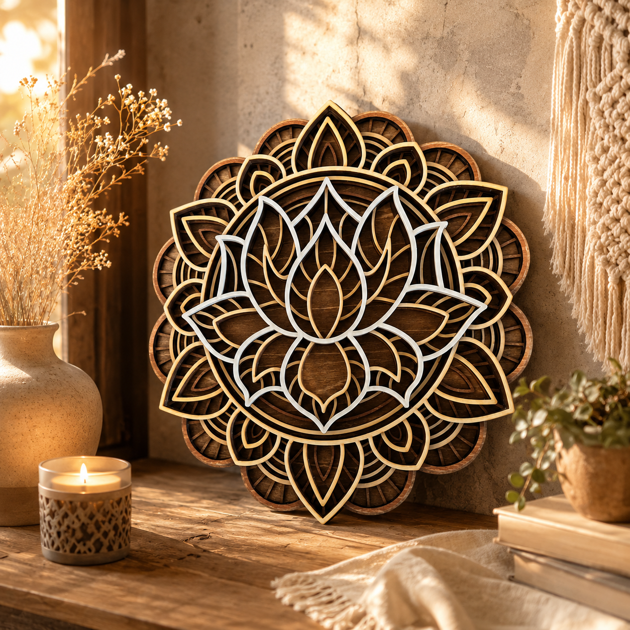 Lotus Mandala aus Holz – Mehrschichtige Wanddekoration im Boho Stil