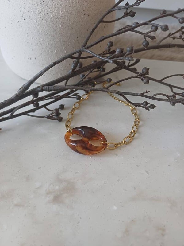 Vergulde armband met schakel van hars - Bruin