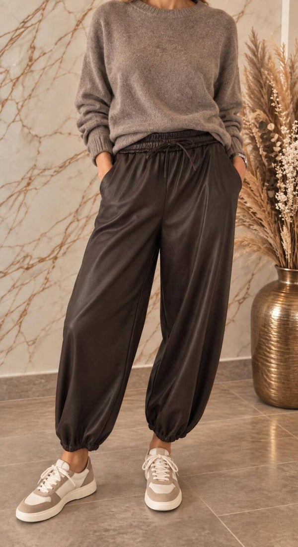 Broek faux leather - Bruin