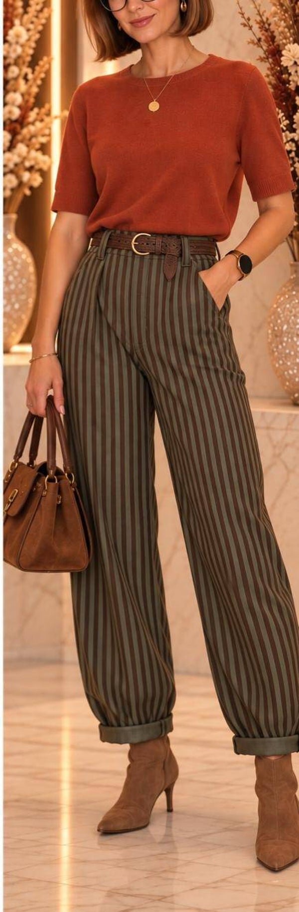 Striped broek - Khaki & Bruin