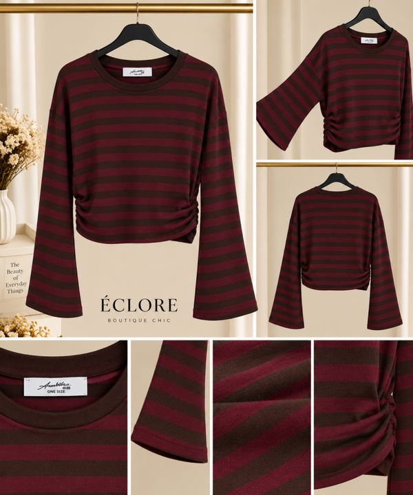 Gestreept t-shirt wijde mouw - Bordeaux/bruin