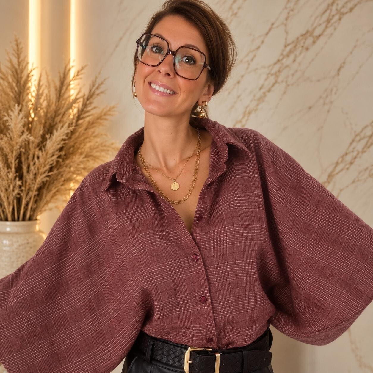 Geruite blouse cropped mouwen - Bordeaux